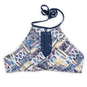 ISLAND SOUL crop top blue gold pattern swim top size M